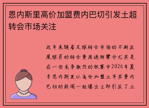 恩内斯里高价加盟费内巴切引发土超转会市场关注