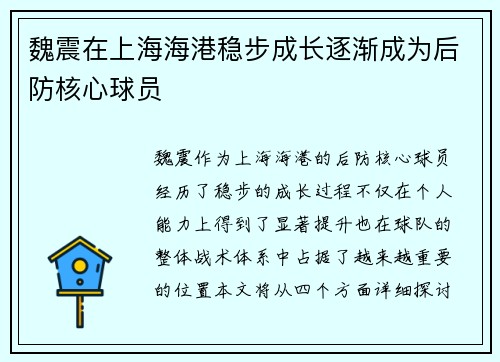 魏震在上海海港稳步成长逐渐成为后防核心球员